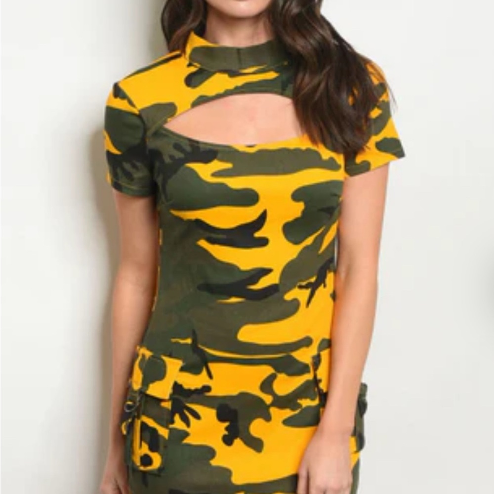 Xtaren Yellow Camouflage Cutout Dress